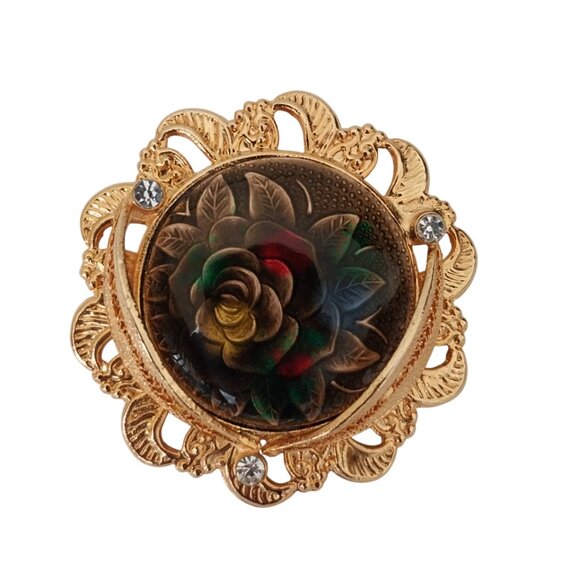 Vintage Round Brooch Gold Tone Filigree With Rose Inset and Rhinestones Like New - Picture 2 of 6
